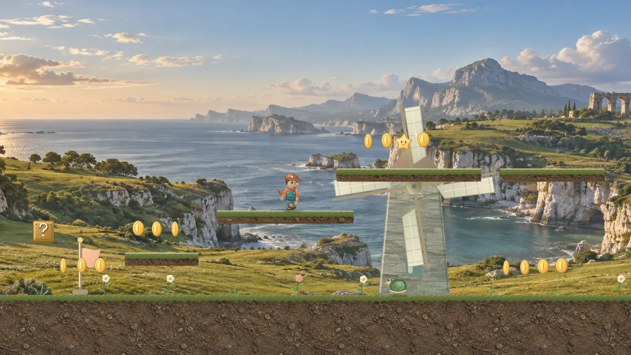Super Quest hero crossing steady platforms beside a windmill in Clover Coast.