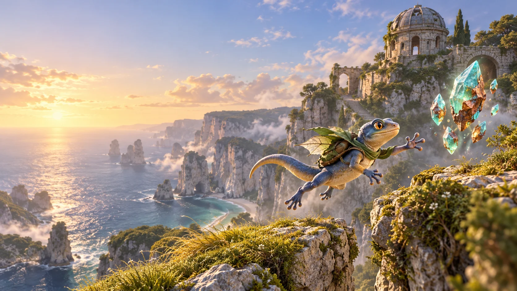 A blue four-toed gecko explorer with a leaf glider reaching toward luminous crystals above a coastal observatory.